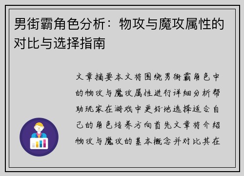 男街霸角色分析：物攻与魔攻属性的对比与选择指南