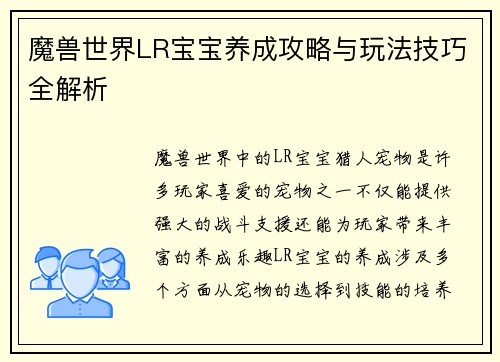 魔兽世界LR宝宝养成攻略与玩法技巧全解析