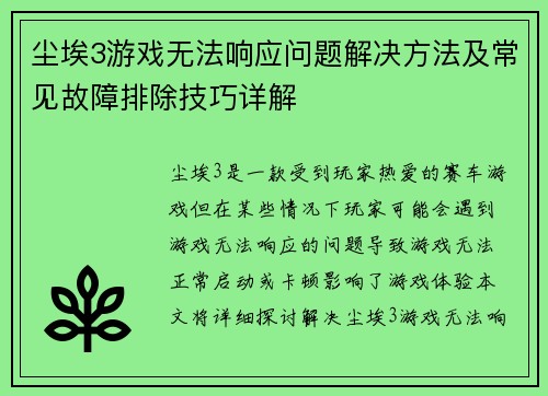 尘埃3游戏无法响应问题解决方法及常见故障排除技巧详解